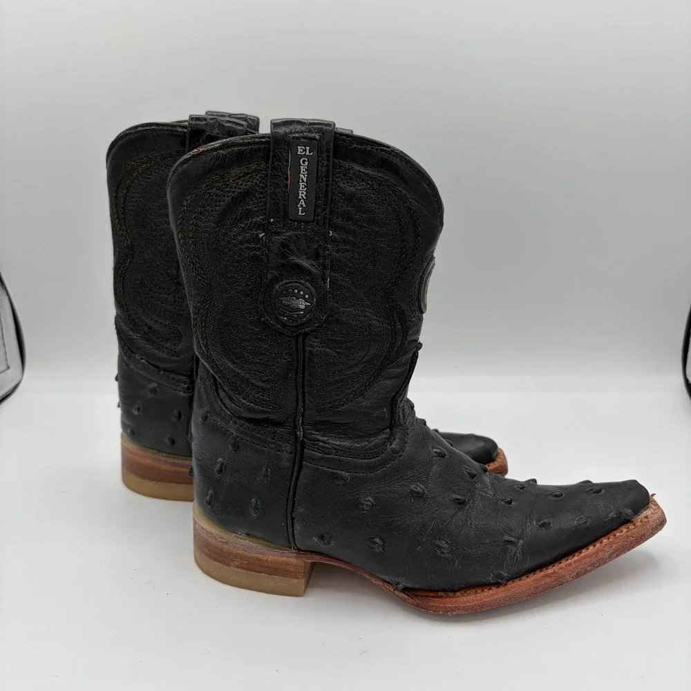 El‎ General Toddler Kids 8.5 Black Leather Ostrich Print Square Toe Cowboy Boots